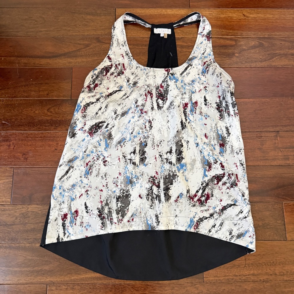 1.State Abstract Print Racerback Tank Top Hi‎ Low Sleeveless Blouse Sz M Y2K